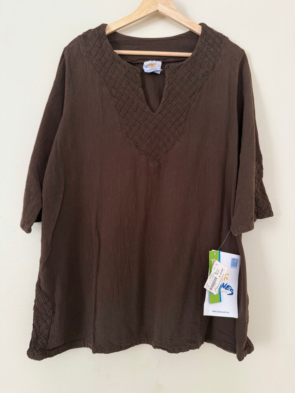 NWT Dunes Tunic Top Women's Brown 100% Cotton Split Woven Neck M 3/4 Sleeve